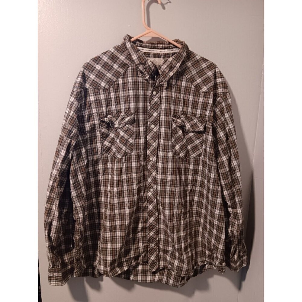 Men's Big 2XL Route 66 Pearl Snap Brown Plaid Flannel Long Sleeve Shirt